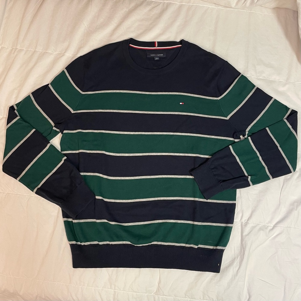 Tommy Hilfiger pullover crewneck sweater stripped green and navy Size L